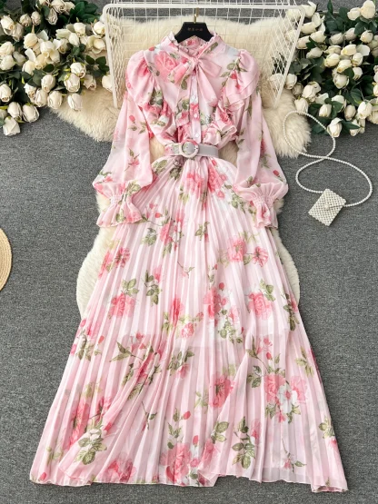 Floral Pleated Long Pink Dresses