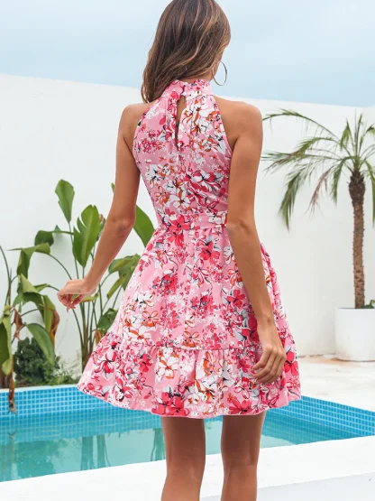 Halter Waist Tie Floral Pink Dresses - Image 2