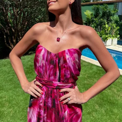Strapless Floral Long Pink Dresses - Image 2