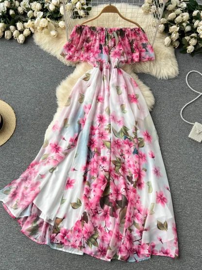 Off-shoulder Floral Long Pink Dress