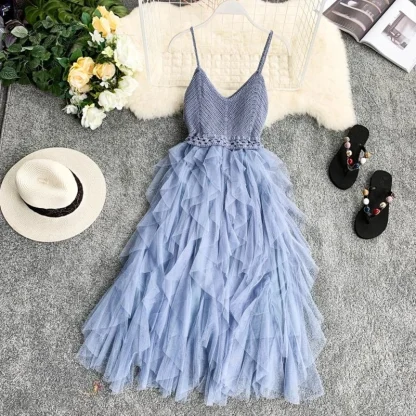 Knitted Sleeveless Mesh Pink Dresses - Image 4