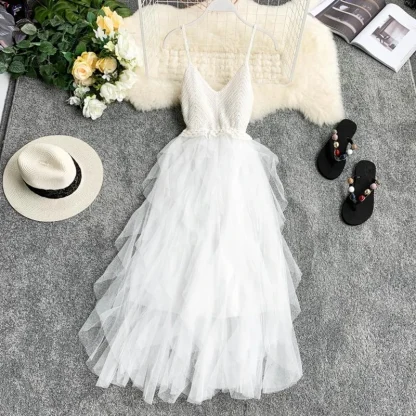 Knitted Sleeveless Mesh Pink Dresses - Image 6