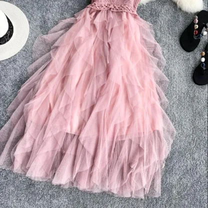 Knitted Sleeveless Mesh Pink Dresses - Image 3