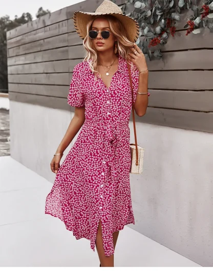 Ditsy V-neck Casual Pink Dresses