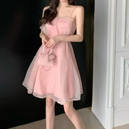 A-line Mesh Solid Pink Dress