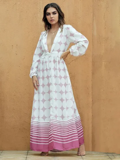 Plunge Neck Long Pink Dress - Image 2