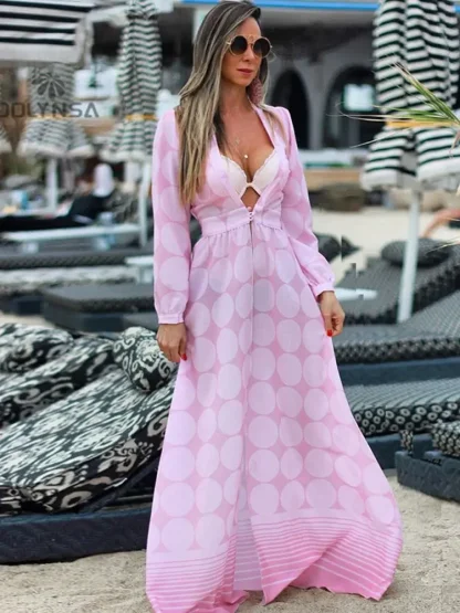 Plunge Neck Long Pink Dress - Image 4