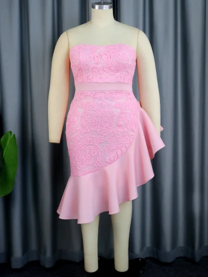 Strapless Asymmetrical Lace Pink Dress - Image 2
