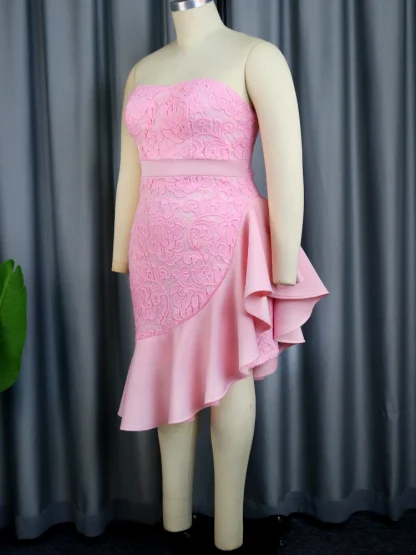 Strapless Asymmetrical Lace Pink Dress - Image 3
