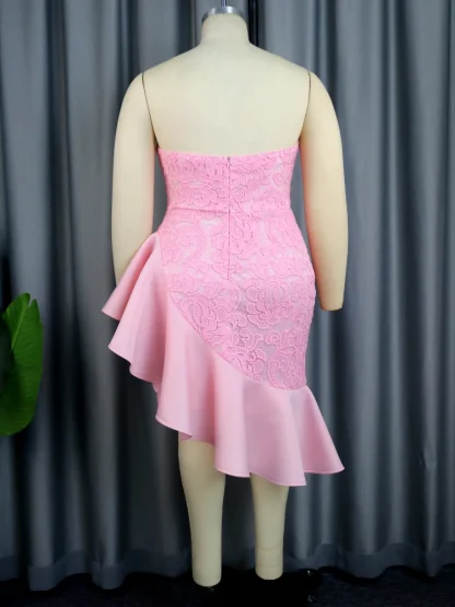 Strapless Asymmetrical Lace Pink Dress - Image 4