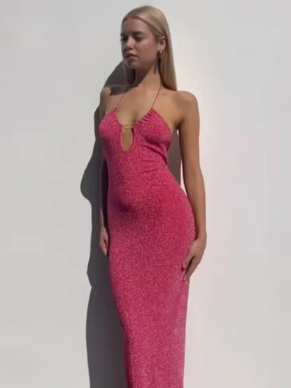 Glittered Keyhole Long Pink Dress - Image 5