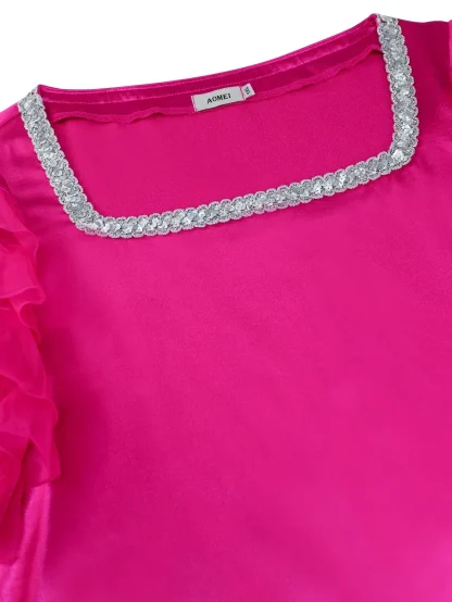 Square Neck Shiny Pink Dress - Image 5