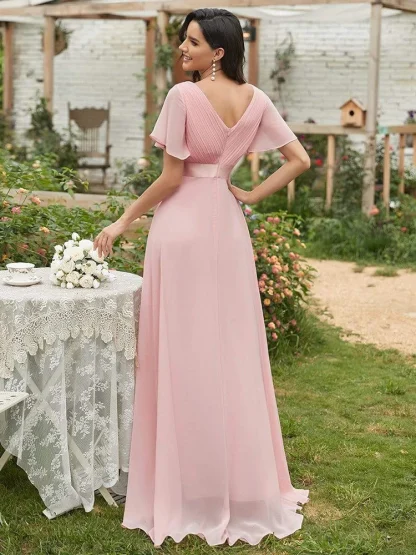 V-neck Elegant Long Pink Dresses - Image 3