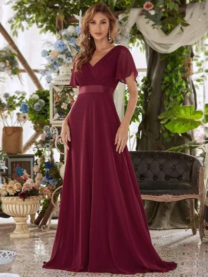 V-neck Elegant Long Pink Dresses - Image 5