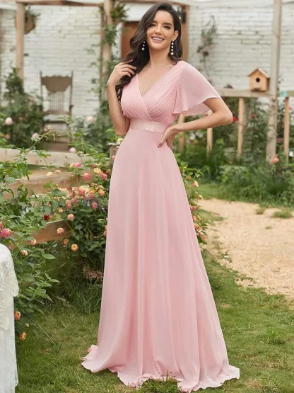 V-neck Elegant Long Pink Dresses