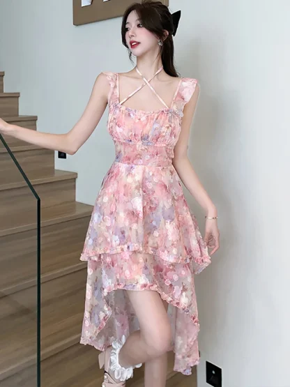 High Low Floral Pink Dress - Image 3