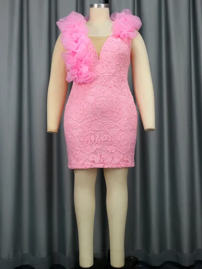 Ruffle Sleeve Lace Pink Dress - Image 2
