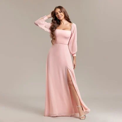 Lantern Sleeve Long Pink Dress
