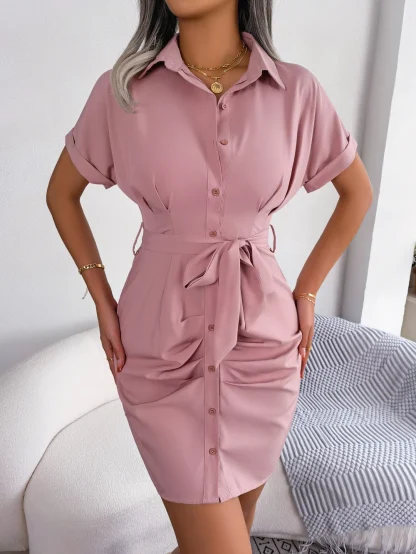 Button Down Collar Pink Dresses