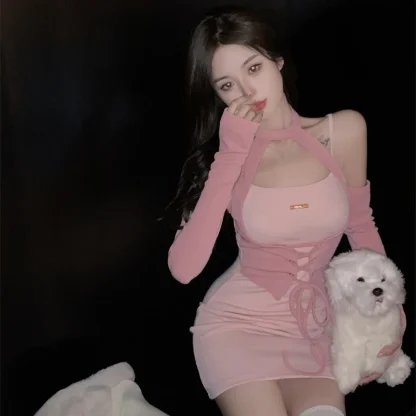 Aesthetic Cold-shoulder Pink Dress - Image 3