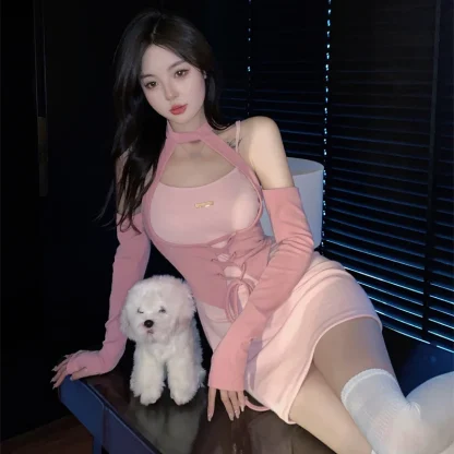 Aesthetic Cold-shoulder Pink Dress - Image 5