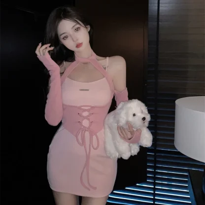 Aesthetic Cold-shoulder Pink Dress