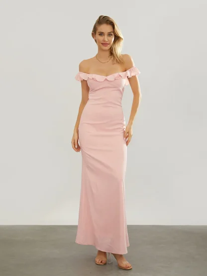 Off-shoulder Long Pink Dress - Image 3
