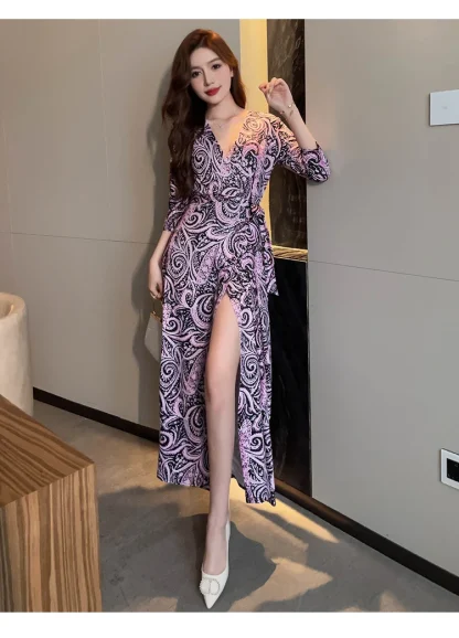 V-neck Thigh High Slit Pink Dress - Image 4
