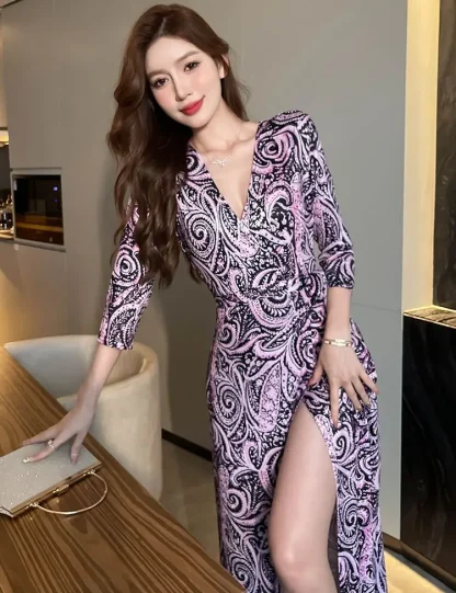 V-neck Thigh High Slit Pink Dress - Image 5