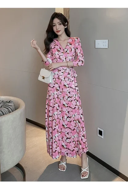 Floral Wrap Slit Pink Dress - Image 2
