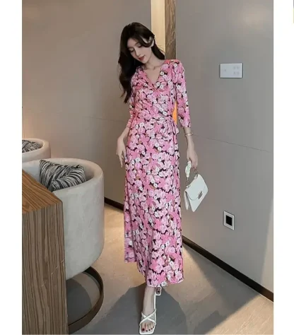 Floral Wrap Slit Pink Dress - Image 3