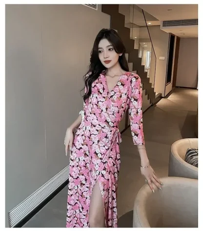 Floral Wrap Slit Pink Dress - Image 4