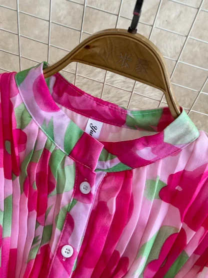 Belted Floral Pleated Pink Dresses - Image 4