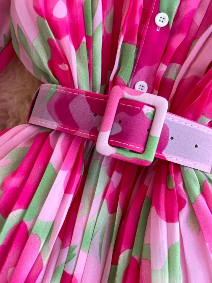 Belted Floral Pleated Pink Dresses - Image 5
