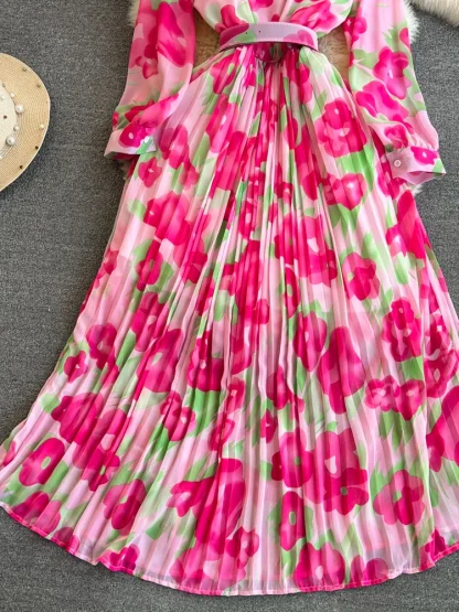 Belted Floral Pleated Pink Dresses - Image 3