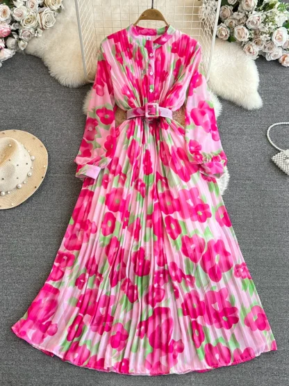 Belted Floral Pleated Pink Dresses