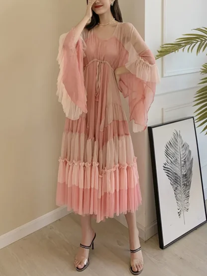 Flowy Drawstring Waist Pink Dress - Image 3