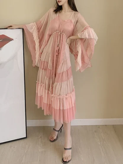 Flowy Drawstring Waist Pink Dress - Image 4