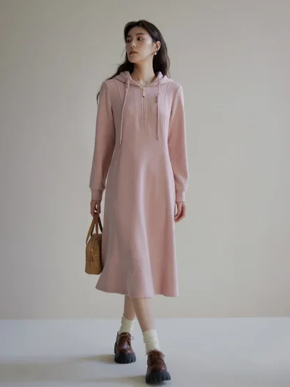 Hooded Long Sleeve Pink Dress - Image 3