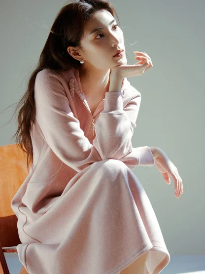 Hooded Long Sleeve Pink Dress - Image 2