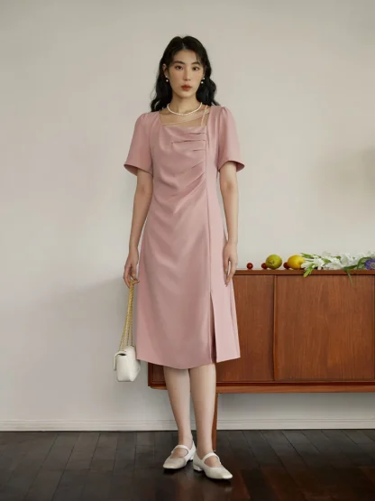 Square Neck Short Sleeve Pink Dress - Image 3