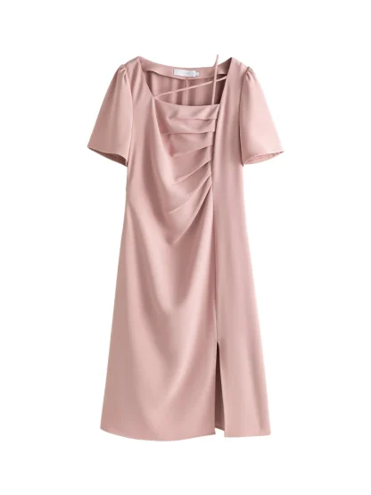 Square Neck Short Sleeve Pink Dress - Image 5