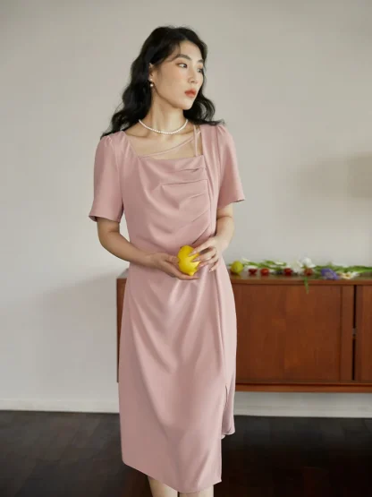 Square Neck Short Sleeve Pink Dress - Image 2