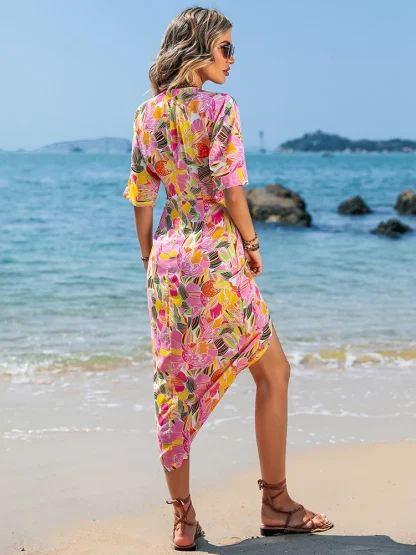 V-neck Half Sleeve Midi Pink Dress - Image 3