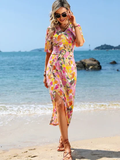 V-neck Half Sleeve Midi Pink Dress - Image 5