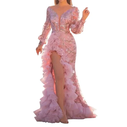 Elegant Ruffle Slit Pink Dress - Image 2
