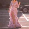 Elegant Ruffle Slit Pink Dress