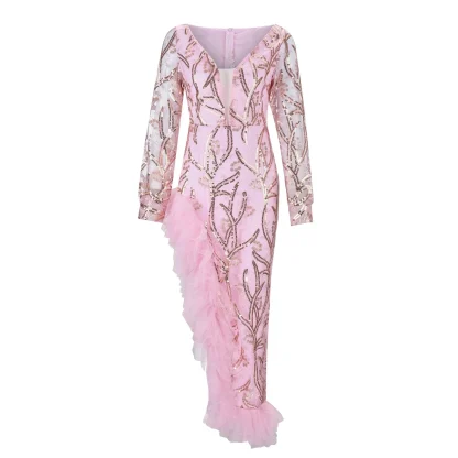Elegant Ruffle Slit Pink Dress - Image 3