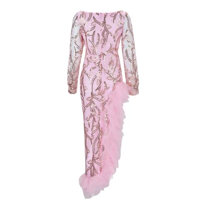 Elegant Ruffle Slit Pink Dress - Image 4