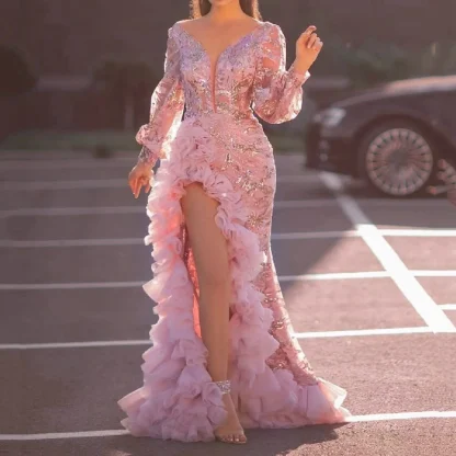 Elegant Ruffle Slit Pink Dress